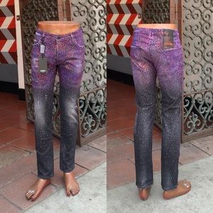 Men's George V Black Pink Purple Rhinestones Denim Pants